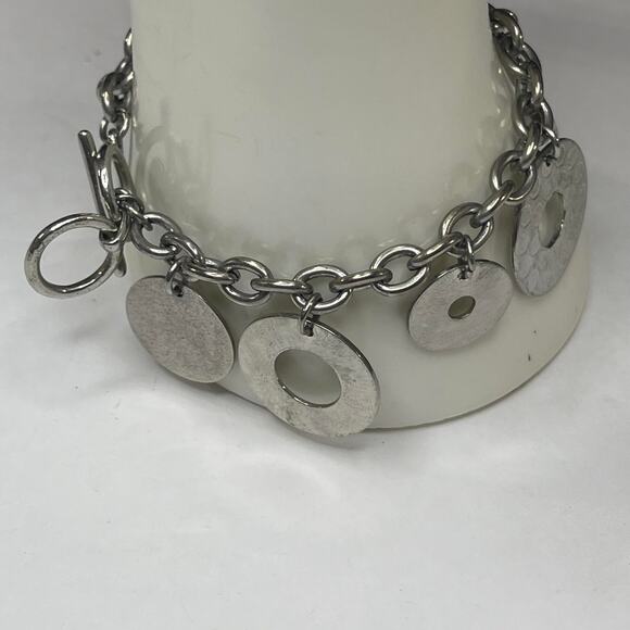 Cookie Lee signed bracelet chunky chain link disk dangle charms gray boho - Picture 1 of 8